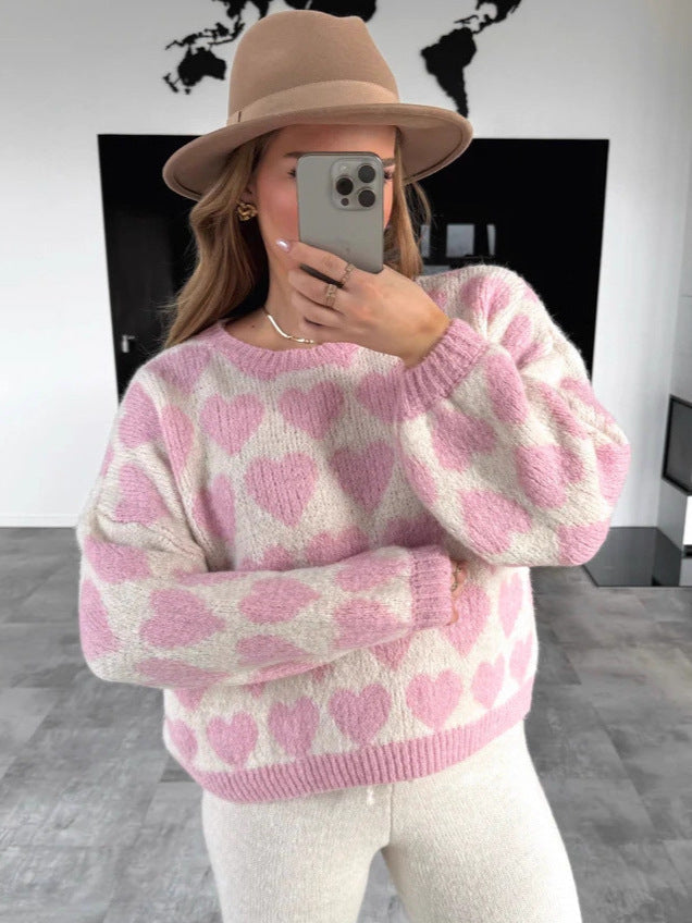 Heart Jacquard Color Contrast Short Knitted Valentine's Day Sweater