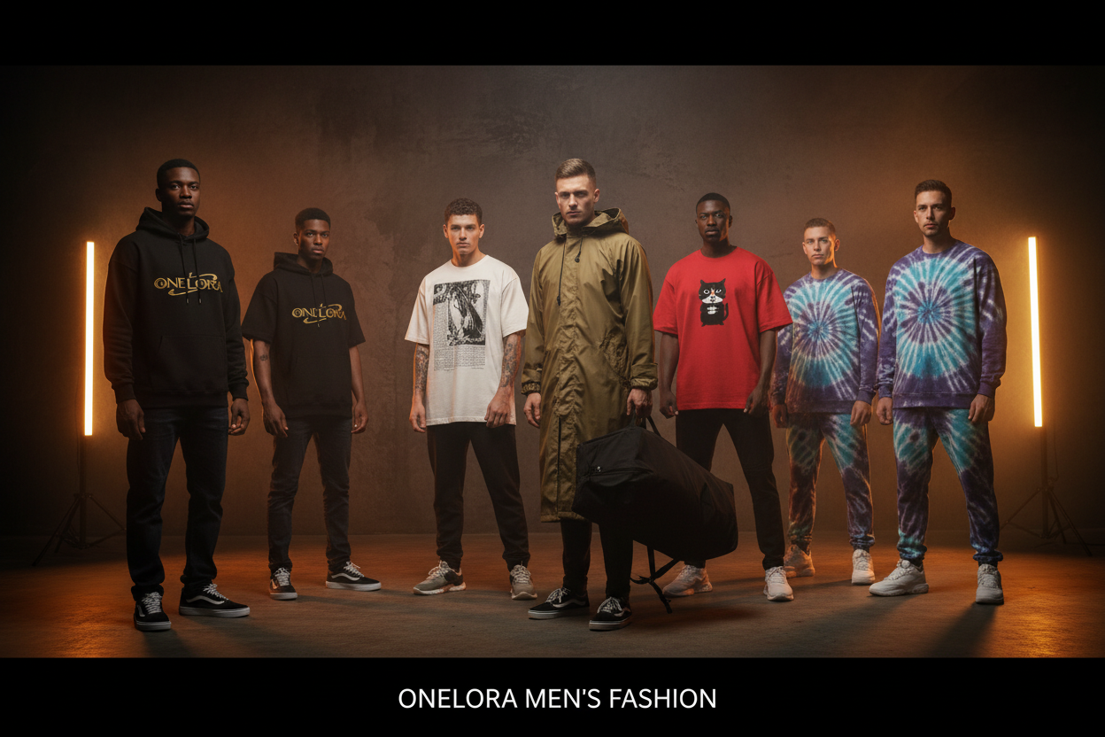 Seven male models stand in a row wearing various streetwear outfits from OneLora, including hoodies, t-shirts, and tie-dye sets, in a studio setting with warm lighting and vertical light bars.